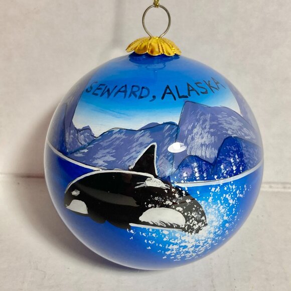 Vintage Orca Whale Christmas Ornament Seward Alaska Glass Ball Inside Painted - Picture 2 of 16